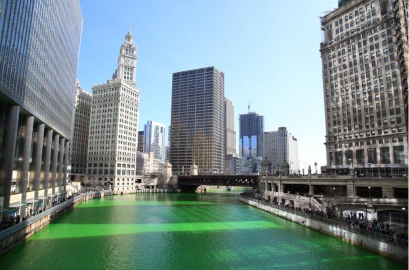 Chicago River colored green for St. Patrick's Day